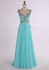 Aqua Blue A-line Beading Prom Gown Zipper Chiffon Sleeveless Floor Length