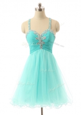 Chic Sleeveless Mini Length Beading Criss Cross Homecoming Dress with Aqua Blue