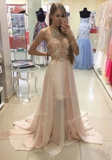 Enchanting Scoop Sleeveless Chiffon Brush Train Zipper Prom Gown in Champagne for with Beading