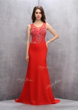 Red Mermaid Chiffon Scoop Sleeveless Beading and Sequins With Train Zipper Prom Dresses Brush Train