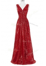 Sequins V-neck Sleeveless Brush Train Zipper Formal Dresses Red Sequined