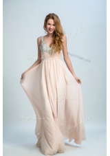 Latest Champagne Sleeveless Chiffon Brush Train Zipper Prom Dress for Prom and Party