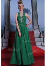 Dramatic Halter Top Sleeveless Zipper Floor Length Beading and Ruching Evening Dress