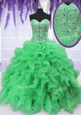 Sweetheart Sleeveless 15 Quinceanera Dress Floor Length Beading and Ruffles Green Organza