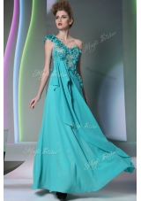 One Shoulder Teal Side Zipper Lace and Hand Made Flower Sleeveless Floor Length