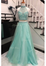 Apple Green Dress for Prom Prom and Party and For with Beading Halter Top Sleeveless Sweep Train Backless