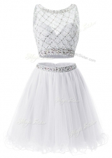 Cheap White A-line Sweetheart Sleeveless Organza Mini Length Side Zipper Beading and Belt Prom Gown