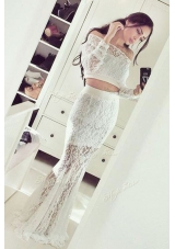 Elegant Mermaid Off the Shoulder Long Sleeves Floor Length Lace Zipper Prom Gown with White