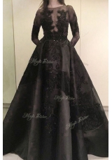 Gorgeous Floor Length Black Evening Dress Satin Long Sleeves Beading and Appliques