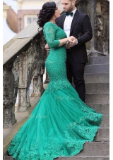 Mermaid Green Lace Up Prom Gown Beading and Appliques Long Sleeves With Train Chapel Train