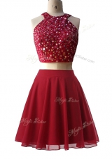 Wine Red Scoop Neckline Beading Sleeveless Zipper