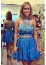 Amazing Blue Prom Dresses Prom and Party and For with Beading Halter Top Sleeveless Zipper