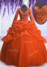 Artistic Orange Red Long Sleeves Sequins and Pick Ups Floor Length Quinceanera Dress