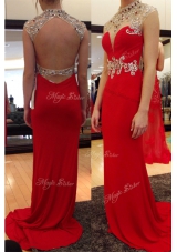 Beauteous Sleeveless Chiffon With Train Sweep Train Backless Prom Evening Gown in Red for with Beading