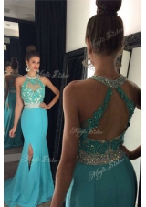 Brush Train Column/Sheath Prom Evening Gown Aqua Blue Halter Top Elastic Woven Satin Sleeveless With Train Zipper