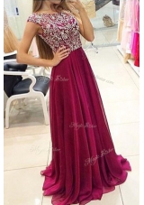 Customized Burgundy A-line Bateau Cap Sleeves Chiffon With Train Sweep Train Zipper Beading Prom Party Dress