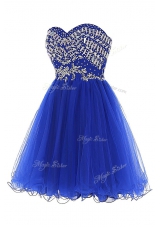 Exquisite Royal Blue A-line Tulle Sweetheart Sleeveless Beading Mini Length Zipper