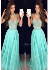 Fantastic High-neck Sleeveless Sweep Train Zipper Evening Dress Aqua Blue Organza