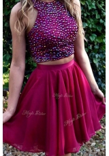 Fuchsia Two Pieces Halter Top Sleeveless Chiffon Knee Length Criss Cross Beading Prom Evening Gown