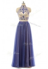 Halter Top Floor Length Navy Blue Dress for Prom Tulle Sleeveless Appliques