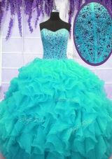 High Class Organza Sweetheart Sleeveless Lace Up Beading and Ruffles Vestidos de Quinceanera in Aqua Blue