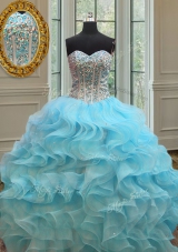 Hot Selling Sweetheart Sleeveless Lace Up Quince Ball Gowns Baby Blue Organza