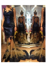 New Style Scalloped Sleeveless Prom Homecoming Dress With Brush Train Sequins Navy Blue Organza and Sequined