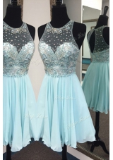 Scoop Light Blue Sleeveless Knee Length Beading Zipper Prom Dress