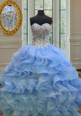 Sleeveless Organza Floor Length Lace Up Sweet 16 Dress in Blue for with Beading and Ruffles