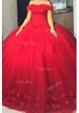 Sophisticated Off the Shoulder Short Sleeves Tulle Lace Up Evening Dress in Red for with Hand Made Flower