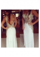 White Chiffon Zipper V-neck Sleeveless Floor Length Dress for Prom Embroidery