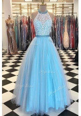 Halter Top Sleeveless Zipper Prom Gown Blue Tulle