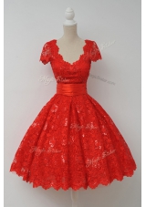 Red A-line Scalloped Cap Sleeves Lace Knee Length Zipper Sashes|ribbons Dress for Prom