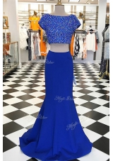 With Train Royal Blue Dress for Prom Elastic Woven Satin Sweep Train Short Sleeves Beading