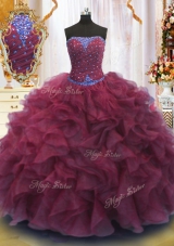 Burgundy Strapless Lace Up Beading and Ruffles Sweet 16 Dresses Sleeveless