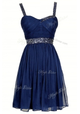 Glittering Knee Length Navy Blue Dress for Prom Chiffon Sleeveless Sequins