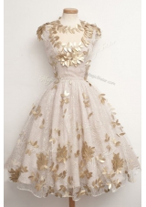 Attractive Ball Gowns Prom Party Dress Champagne High-neck Tulle Cap Sleeves Tea Length Zipper