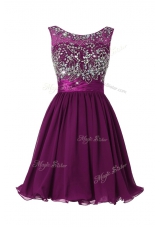 Eye-catching Scoop Sleeveless Prom Gown Knee Length Beading and Sashes|ribbons Purple Chiffon