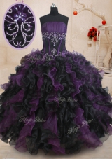 Fantastic Black And Purple Sleeveless Organza Lace Up Quinceanera Gown for Military Ball and Sweet 16 and Quinceanera