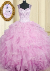 Fitting Straps Sleeveless Organza 15 Quinceanera Dress Beading and Ruffles Zipper