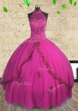 Halter Top Floor Length Fuchsia 15 Quinceanera Dress Tulle Sleeveless Beading