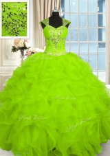 Straps Cap Sleeves Sweet 16 Dress Floor Length Beading and Ruffles Organza