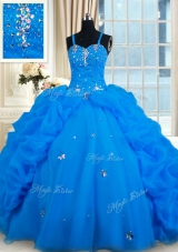 Blue Spaghetti Straps Neckline Beading and Pick Ups 15th Birthday Dress Sleeveless Lace Up