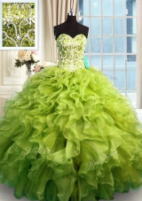 Excellent Olive Green Ball Gowns Organza Sweetheart Sleeveless Beading and Ruffles Floor Length Lace Up Sweet 16 Dress