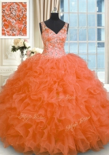 Graceful Orange Red V-neck Neckline Beading and Ruffles Sweet 16 Quinceanera Dress Sleeveless Zipper