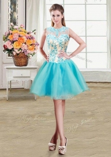 Scoop See Through Sleeveless Mini Length Beading Zipper Pageant Dress Womens with Aqua Blue