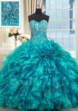 Teal Sleeveless Beading and Ruffles Lace Up Quinceanera Dresses