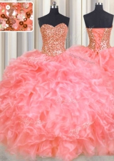 Halter Top Organza Sleeveless Floor Length Sweet 16 Dress and Beading and Ruffles