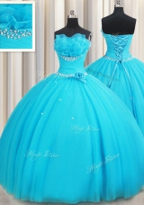 Sleeveless Beading and Ruffles and Hand Made Flower Lace Up Quinceanera Gowns