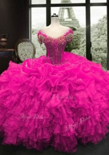 Modern Fuchsia Lace Up Sweetheart Beading and Ruffles Ball Gown Prom Dress Organza Cap Sleeves